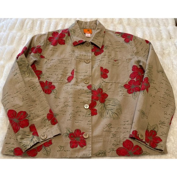 Hearts of Palm Collared Jacket Beige Red Floral Print 100% Cotton Women's Size 8 - Picture 12 of 16